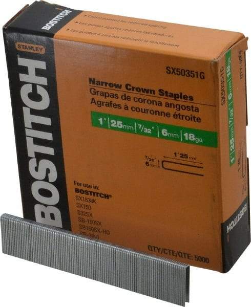 Stanley Bostitch - 1" Long x 7/32" Wide, 18 Gauge Crowned Construction Staple - Steel, Galvanized Finish - First Tool & Supply