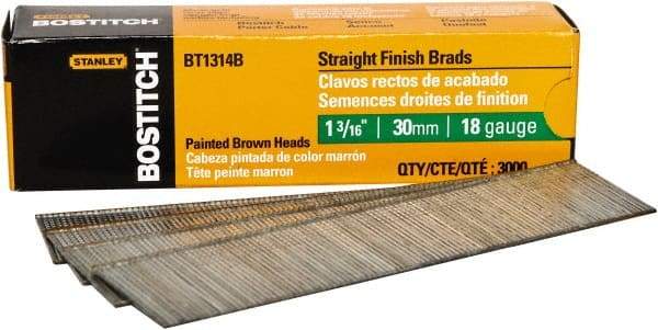 Stanley Bostitch - 18 Gauge 0.05" Shank Diam 1-3/16" Long Brad Nails for Power Nailers - Steel, Bright Finish, Ring Shank, Straight Stick Adhesive Collation, Brad Head, Chisel Point - First Tool & Supply