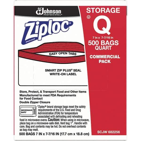 Ziploc - 500 Piece, 1 Quart Capacity, 8 Inch Long x 7 Inch Wide, Ziploc Storage Bag - 1.75 mil Thick, Rectangle Clear Plastic - First Tool & Supply