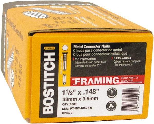 Stanley Bostitch - 10 Gauge 0.148" Shank Diam 1-1/2" Long Metal Connecting Nails for Power Nailers - Steel, Galvanized Finish, Smooth Shank, Angled Stick Paper Tape Collation, Round Head, Diamond Point - First Tool & Supply