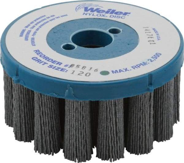 Weiler - 4" 120 Grit Silicon Carbide Crimped Disc Brush - Fine Grade, Plain Hole Connector, 1-1/2" Trim Length, 7/8" Arbor Hole - First Tool & Supply