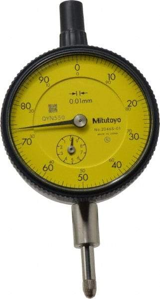 Mitutoyo - 10mm Range, 0-100 Dial Reading, 0.01mm Graduation Dial Drop Indicator - 2-3/16" Dial, 1mm Range per Revolution, 0.013mm Accuracy, Revolution Counter - First Tool & Supply