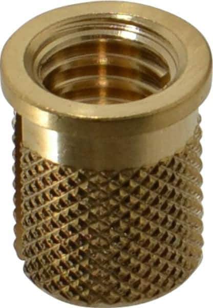 E-Z LOK - 5/16-18 UNC Brass Flanged Press Fit Threaded Insert for Plastic - 9/16" OAL, 0.389" Insert Diam, 0.357" Hole Diam, 3/8" Drill - First Tool & Supply