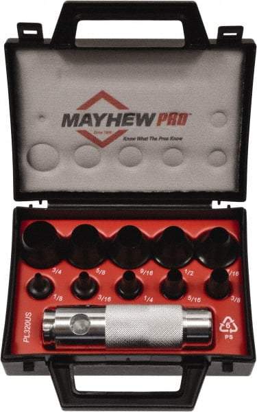 Mayhew - 11 Piece, 1/8 to 3/4", Hollow Punch Set - Round Shank, Alloy Steel, Comes in Plastic Case - First Tool & Supply