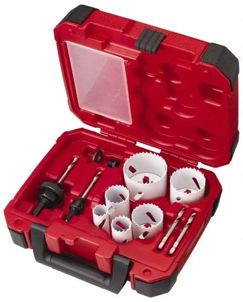 Milwaukee Tool - 10 Piece, 7/8" to 2-1/2" Saw Diam, Electrician's Hole Saw Kit - Bi-Metal, Toothed Edge, Pilot Drill Model No. 49-56-8010, Includes 6 Hole Saws - First Tool & Supply