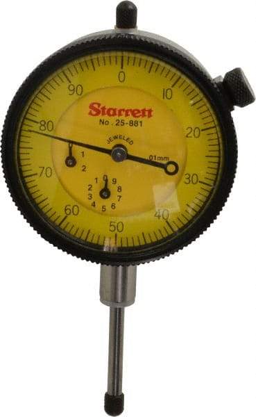 Starrett - 25mm Range, 0-100 Dial Reading, 0.01mm Graduation Dial Drop Indicator - 2-1/4" Dial, 1mm Range per Revolution, Revolution Counter - First Tool & Supply