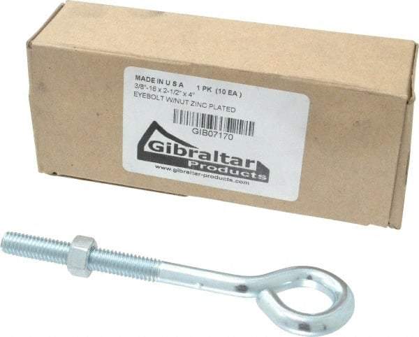 Gibraltar - 3/8-16, Zinc-Plated Finish, Steel Wire Turned Open Eye Bolt - 2-1/2" Thread Length, 3/4" ID x 1-1/2" OD, 4" Shank Length - First Tool & Supply