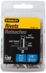 Stanley - Steel Color Coded Blind Rivet - Steel Mandrel, 0.062" to 1/8" Grip, 1/4" Head Diam, 0.125" to 0.133" Hole Diam, 0.275" Length Under Head, 1/8" Body Diam - First Tool & Supply