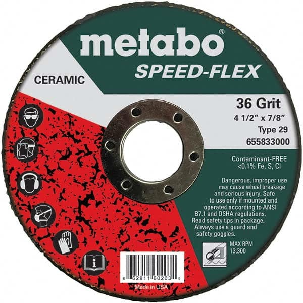 Metabo - 4-1/2" Diam, 7/8" Hole, 36 Grit Ceramic Alumina Fiber Disc - First Tool & Supply