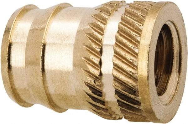 E-Z LOK - 1/4-20, 0.321" Small to 0.363" Large End Hole Diam, Brass Double Vane Tapered Hole Threaded Insert - 3/8" Insert, 0.332" Pilot Diam, 1/2" OAL, 0.194" Min Wall Thickness, 11/32" Drill, 0.194" Min Grip - First Tool & Supply