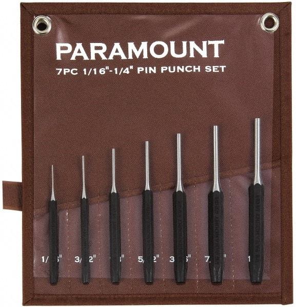 Paramount - 7 Piece, 1/16 to 1/4", Pin Punch Set - Hexagon Shank, Comes in Canvas Roll - First Tool & Supply