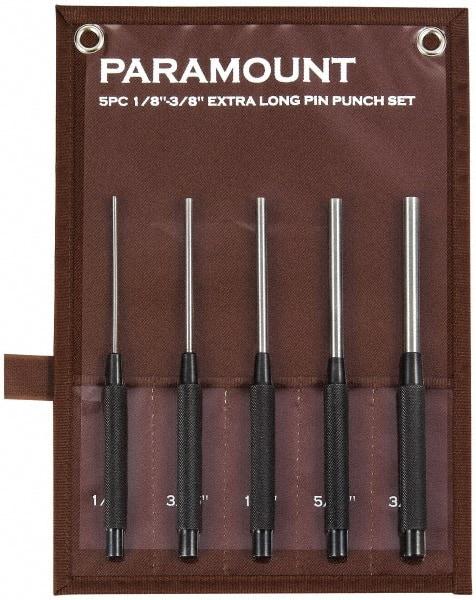 Paramount - 5 Piece, 1/8 to 3/8", Pin Punch Set - Round Shank, Steel, Comes in Canvas Roll - First Tool & Supply