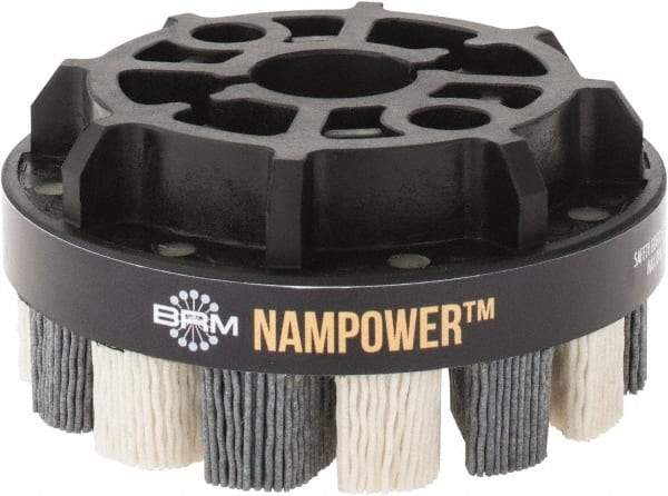 Brush Research Mfg. - 4" 180 Grit Ceramic/Silicon Carbide Tapered Disc Brush - Medium Fine Grade, CNC Adapter Connector, 0.71" Trim Length, 7/8" Arbor Hole - First Tool & Supply