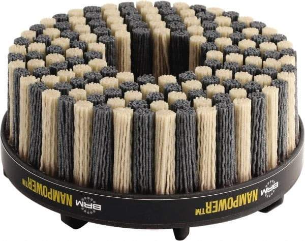 Brush Research Mfg. - 4" 180 Grit Ceramic/Silicon Carbide Tapered Disc Brush - Medium Fine Grade, CNC Adapter Connector, 0.71" Trim Length, 7/8" Arbor Hole - First Tool & Supply