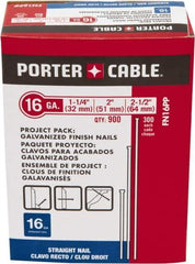 Porter-Cable - 16 Gauge 2-1/2" Long Finishing Nails for Power Nailers - Steel, Galvanized Finish, Smooth Shank, Straight Stick Collation, Chisel Point - First Tool & Supply