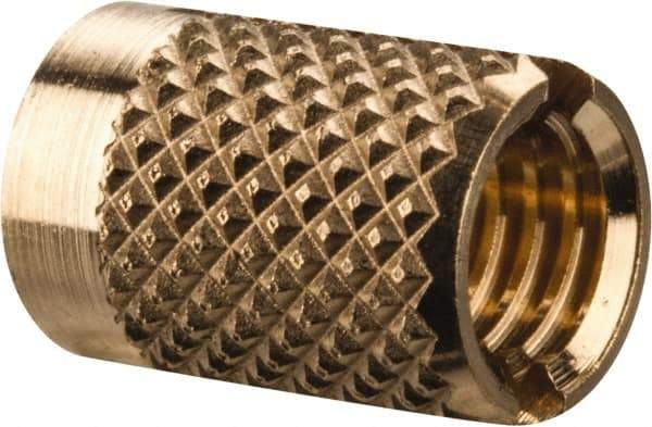 E-Z LOK - M5x0.80 Metric Coarse Brass Flush Press Fit Threaded Insert for Plastic - 3/8" OAL, 0.262" Insert Diam, 1/4" Hole Diam, 1/4" Drill - First Tool & Supply