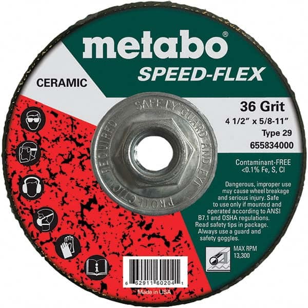 Metabo - 4-1/2" Diam, 5/8-11 Hole, 36 Grit Ceramic Alumina Fiber Disc - First Tool & Supply