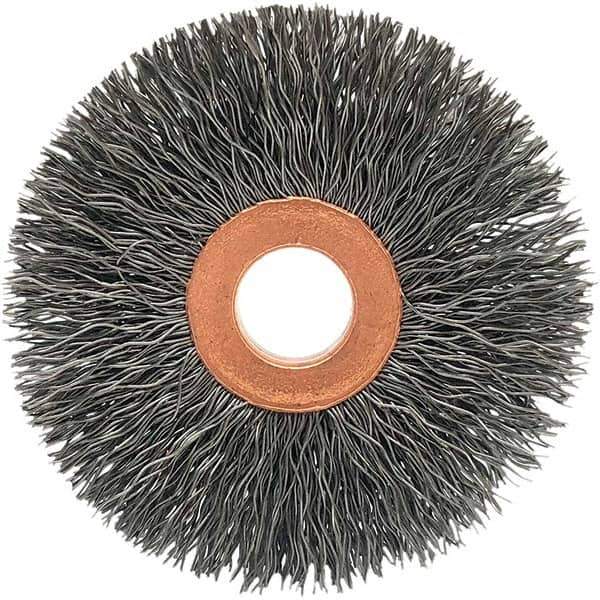 Brush Research Mfg. - 3" OD, 1/2" Arbor Hole, Crimped Carbon Wheel Brush - 5/8" Face Width, 1-1/16" Trim Length, 20,000 RPM - First Tool & Supply