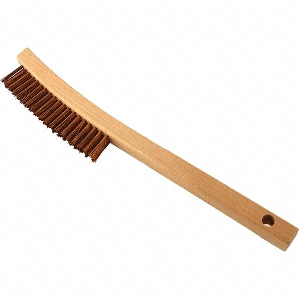 Brush Research Mfg. - 3 Rows x 19 Columns Bronze Scratch Brush - 5-3/4" Brush Length, 13-3/4" OAL, 1-1/8 Trim Length, Wood Curved Back Handle - First Tool & Supply