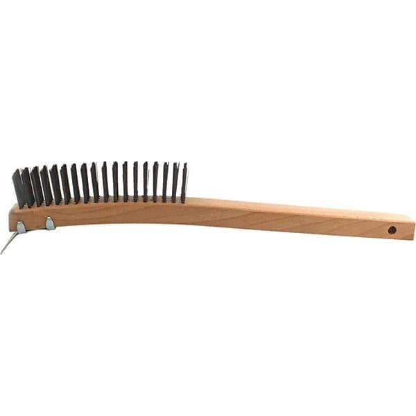 Brush Research Mfg. - 4 Rows x 19 Columns Steel Scratch Brush - 5-3/4" Brush Length, 14" OAL, 1-1/8 Trim Length, Wood Curved Back Handle - First Tool & Supply