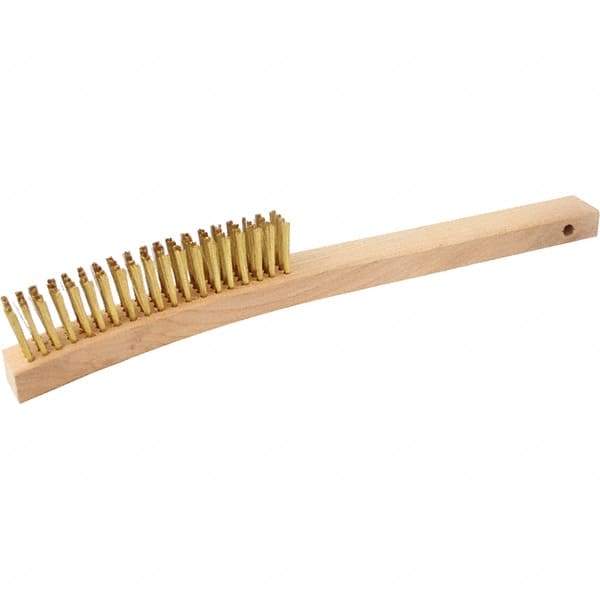 Brush Research Mfg. - 4 Rows x 19 Columns Brass Scratch Brush - 5-3/4" Brush Length, 13-3/4" OAL, 1-1/8 Trim Length, Wood Curved Back Handle - First Tool & Supply