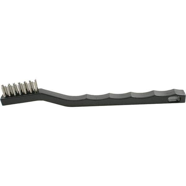 Brush Research Mfg. - 2 Rows x 7 Columns Stainless Steel Scratch Brush - 1/2" Brush Length, 7-1/4" OAL, 1/2 Trim Length, Plastic Curved Back Handle - First Tool & Supply