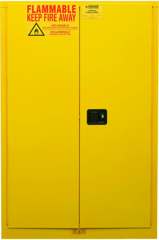 45 Gallon - All Welded - FM Approved - Flammable Safety Cabinet - Manual Doors - 2 Shelves - Safety Yellow - First Tool & Supply