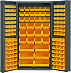 36"W - 14 Gauge - Lockable Bin Cabinet - With 132 Yellow Hook-on Bins - Deep Door Style - Gray - First Tool & Supply