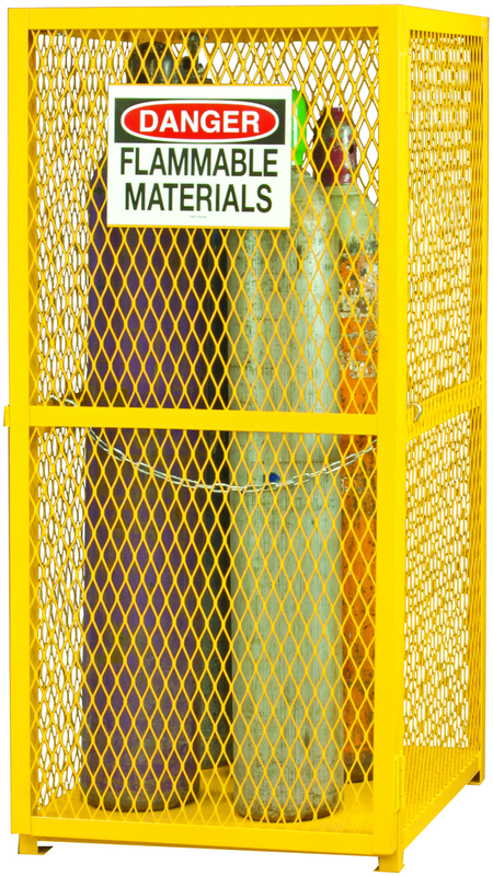 30" W - All welded - Angle Iron Frame with Mesh Side - Vertical Gas Cylinder Cabinet - Magnet Door - Safety Yellow - First Tool & Supply