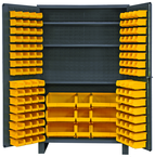 48"W - 14 Gauge - Lockable Cabinet - With 137 Yellow Hook-on Bins - 3 Adjustable Shelves - Flush Door Style - Gray - First Tool & Supply