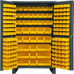 48"W - 14 Gauge - Lockable Cabinet - With 171 Yellow Hook-on Bins - Flush Door Style - Gray - First Tool & Supply