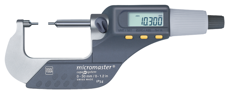 0 - 1.2" / 0 - 30mm Measuring Range - .00005/.001mm Resolution - Friction Thimble - Carbide Face - Electronic Spline Micrometer - First Tool & Supply