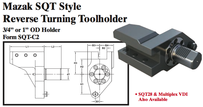 Mazak SQT Stye Reverse Turning Toolholder (3/4Ó or 1Ó OD Holder Form SQT-C2) - Part #: SQT32.2825 - First Tool & Supply